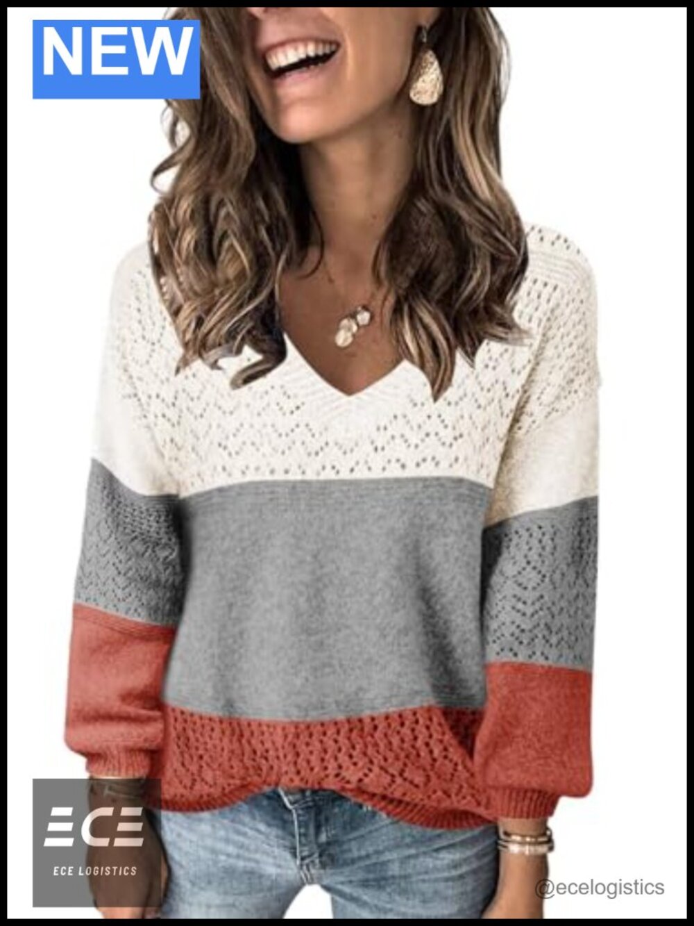 Womens V Neck Long Sleeve Hollow Knit Sweater